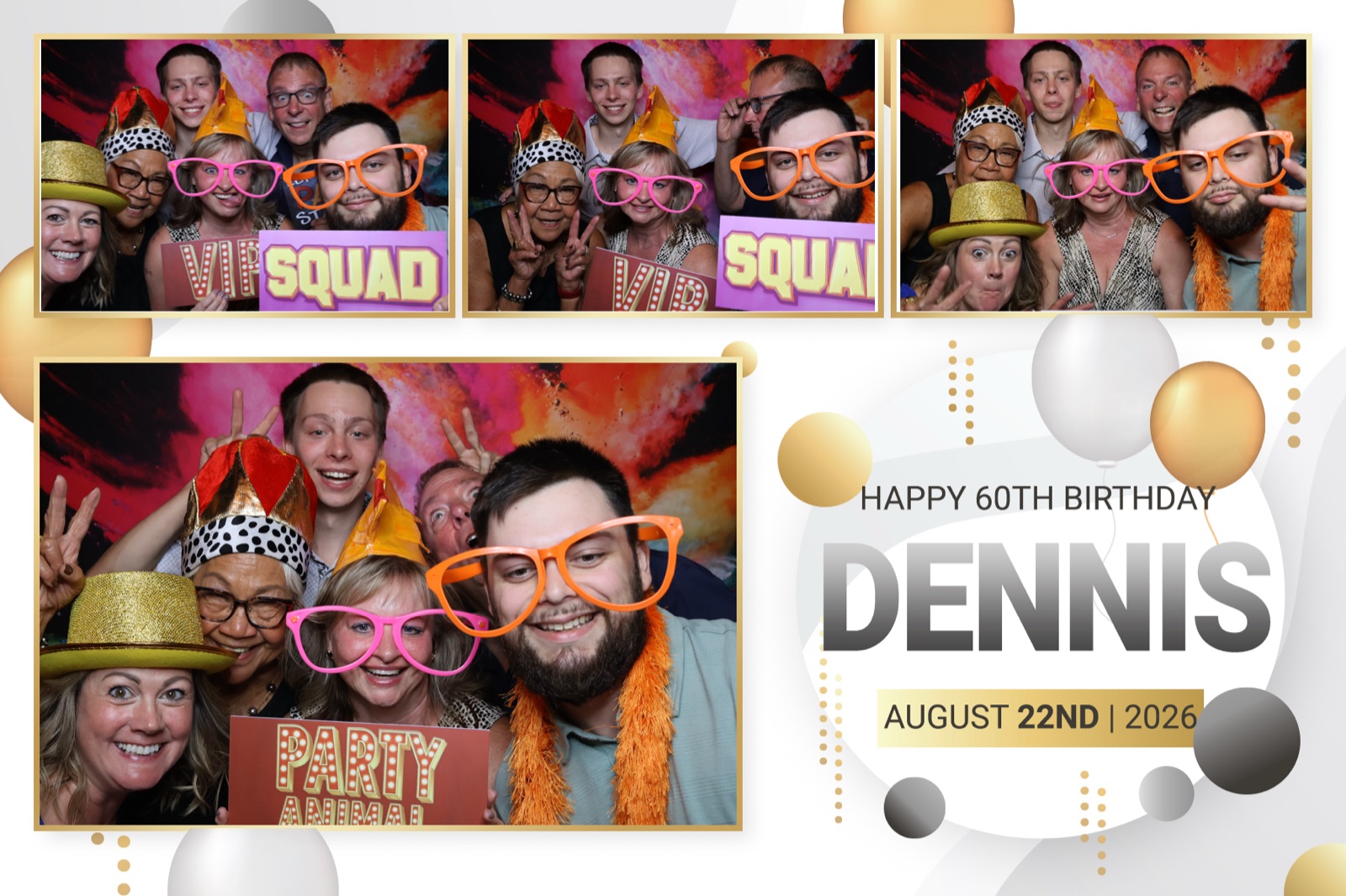 Photo booth print from a 60th birthday party at 620 Collective in Salem, Oregon, guests in party hats and oversized glasses on a colorful backdrop