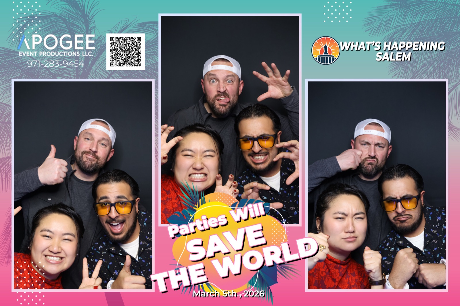 Photo booth print with three frames of friends making faces, Apogee and What's Happening Salem branding, from Cellar 54 in Salem