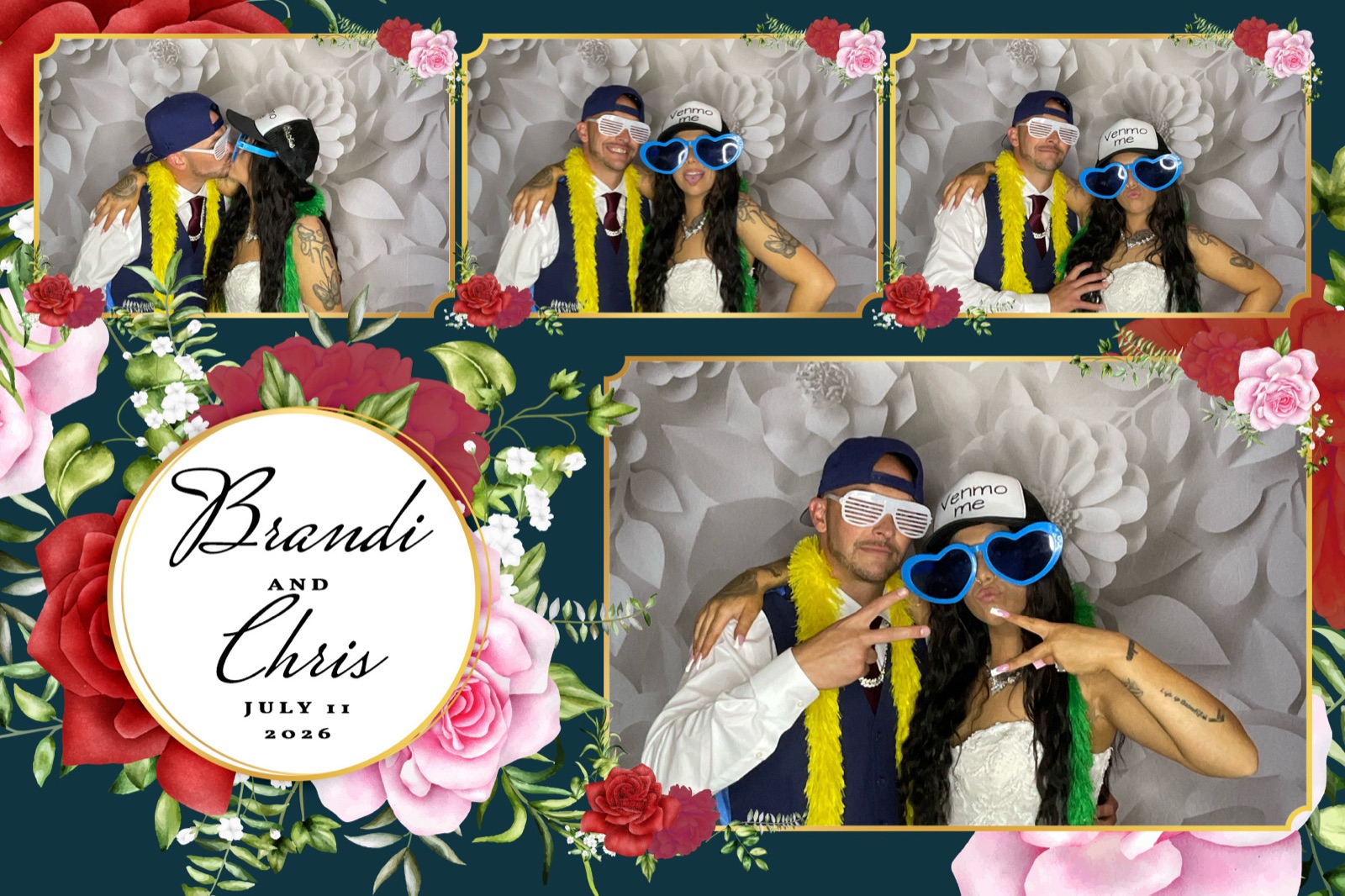 Wedding photo booth print of the couple in front of a white flower wall, floral template from Brandi and Chris's Salem, Oregon wedding