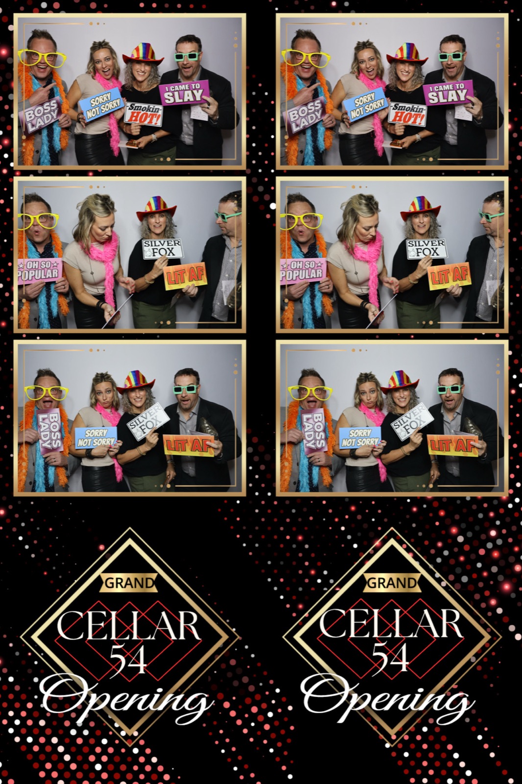 Double photo strip from the Cellar 54 grand opening, four guests with props on the black and red dot template