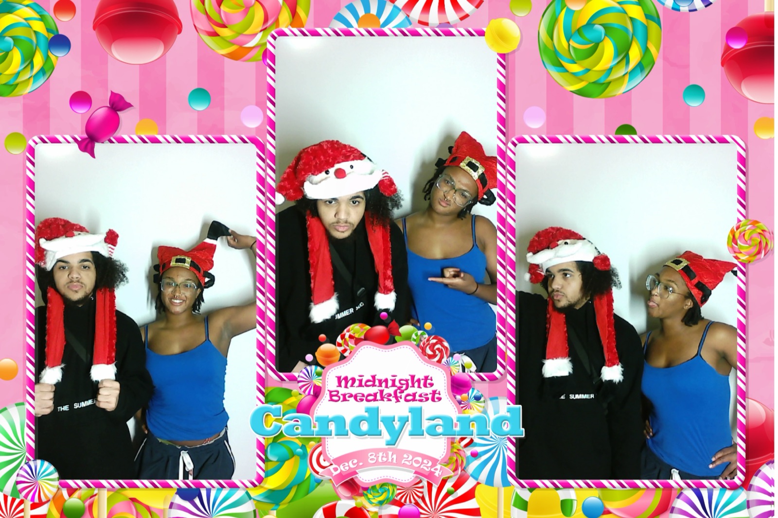 Photo booth print with candy-themed Candyland border, two guests in Santa hats posing in three frames