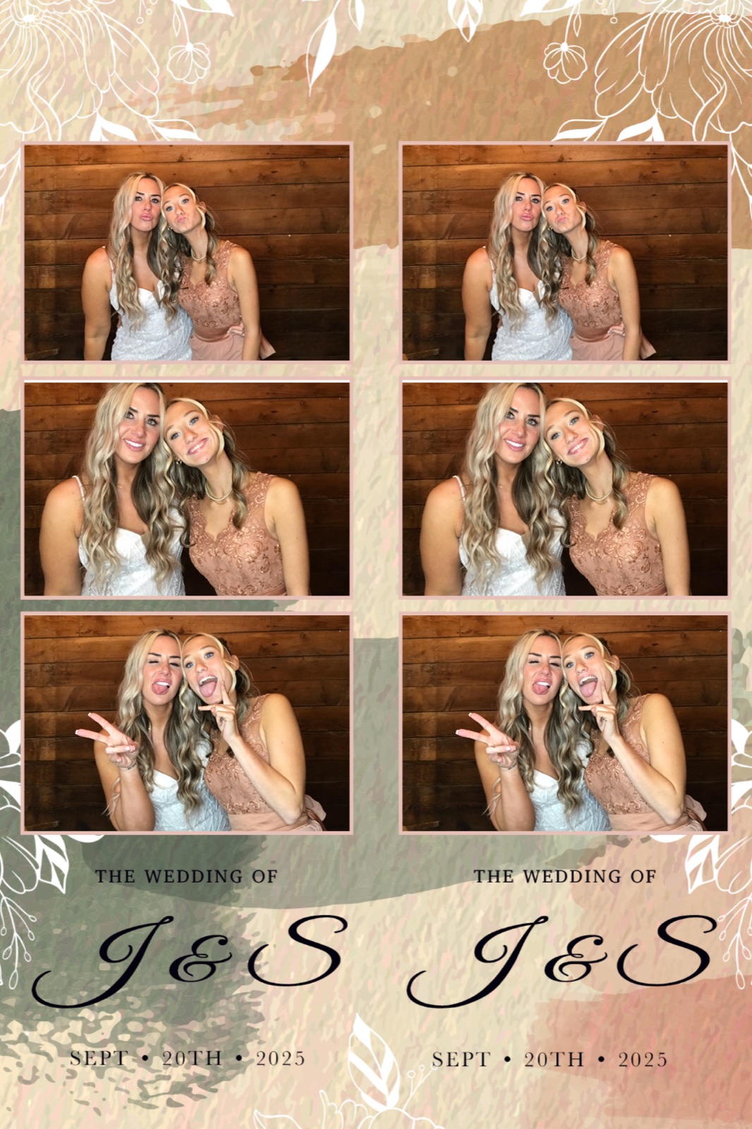 Wedding photo booth print strip with six frames of two guests against a wood backdrop, J and S wedding overlay