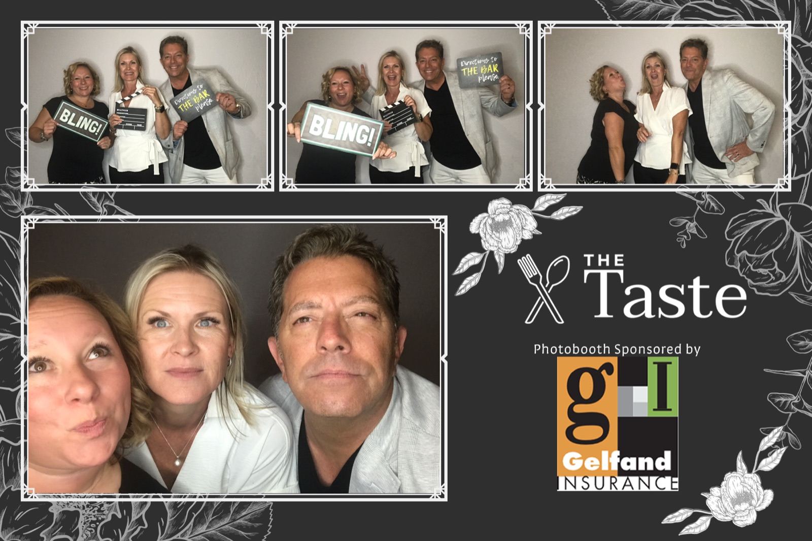 Corporate event photo booth print of three guests with BLING and bar-sign props, The Taste event with sponsor logo