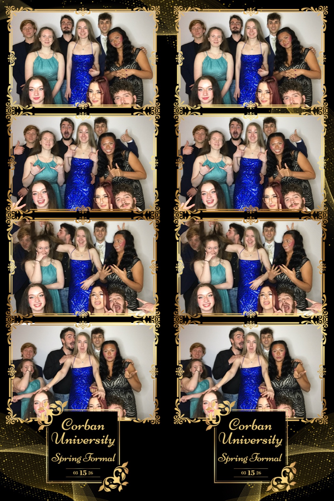Photo booth print strip of students in formal wear posing in eight frames, Corban University Spring Formal overlay