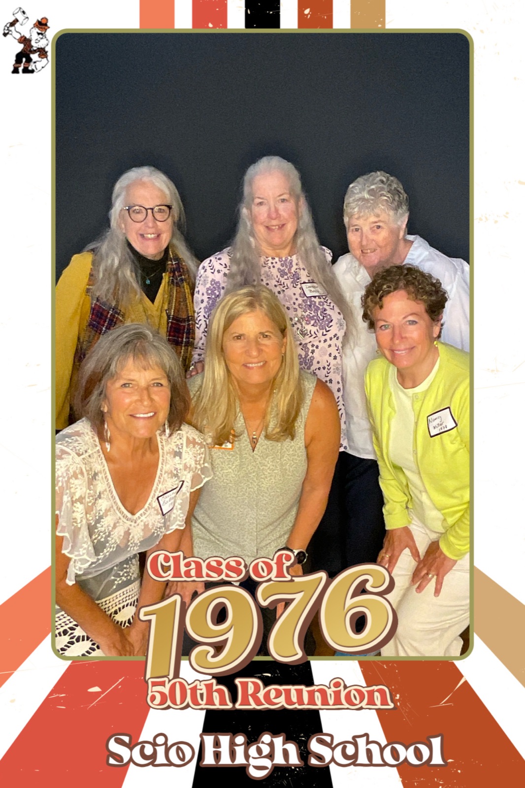 Photo booth print from a 2026 high school reunion in Scio, Oregon